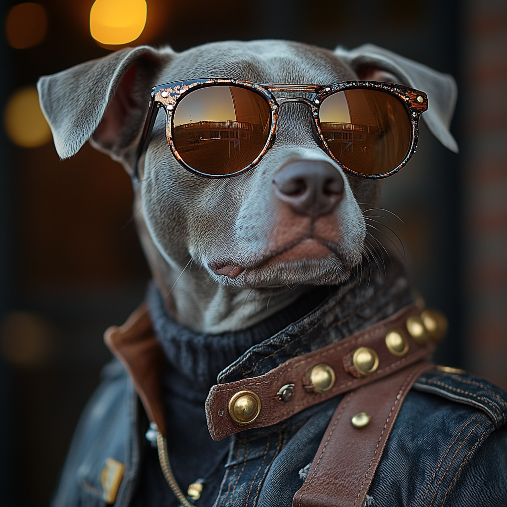 DESCRIBING: A square color photograph
DESCRIPTION: Grayfriar is an anthropomorphized Weimaraner, dark gray in fur, shown from the shoulders up. He's wearing shaded and rounded sunglasses and a leather jacket. The jacket is blue, with brown accents, and the collar includes golden studs around the neck, with the front of the color left open and dangling. He is looking over his left shoulder.