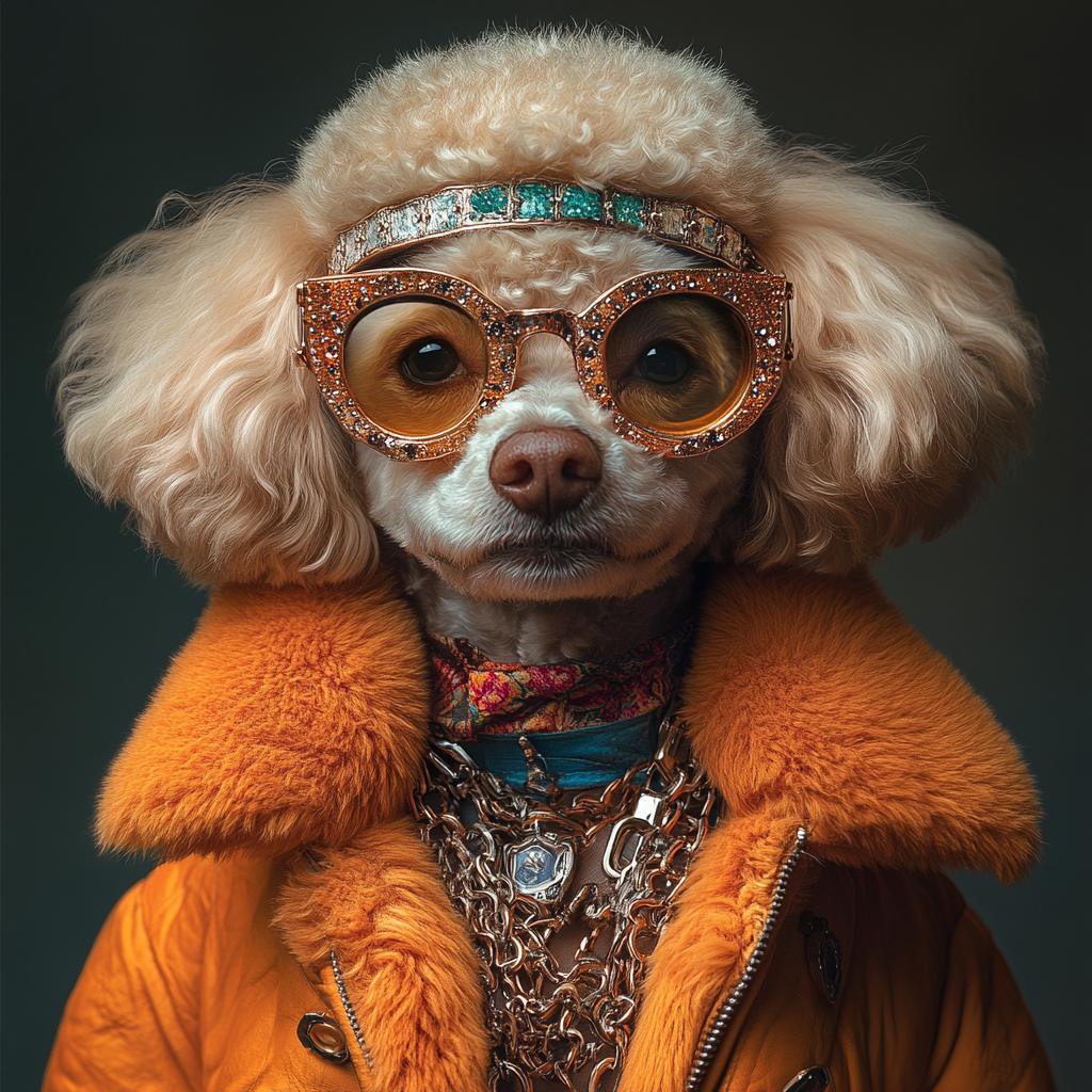 DESCRIBING: A square color image
DESCRIPTION: Gidgit, an anthropomorphized toy poodle, has white fur in all of the poodle places, hanging long on the ears and in tight curls on top. She is wearing a thin blue headband, rounded glasses, and a fluffy orange jacket with a thick collar.