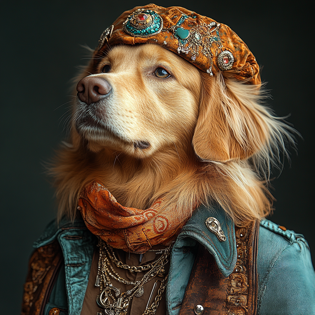 DESCRIBING: A square color photograph
DESCRIPTION: An anthropomorphized golden retriever, Argos is shown from the shoulders up, wearing a blue leather jacket, with brown accents, accentuated by several silver chain necklaces hanging down onto his chest. He also is wearing a highly decorative floppy hat, which gives him a mystical appearance. He is looking to his right, into the distance, as if about to embark on another great adventure.