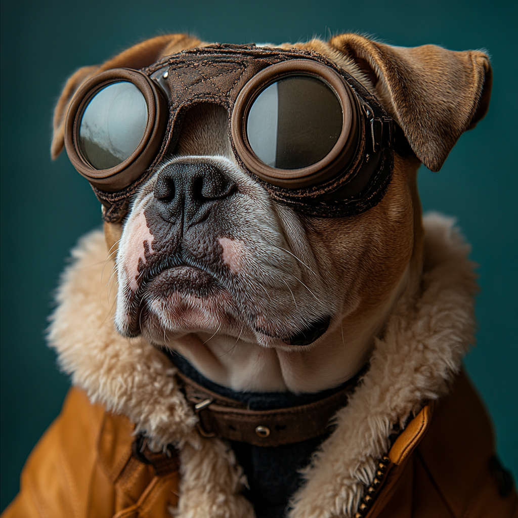 DESCRIBING: A square color photograph
DESCRIPTION: Our Laika is an anthropomorphized bulldog, shown from the shoulders up. He is wearing thick goggles and is looking off in the distance to his right. He has a thick brown jacket on, with a sheepskin color.