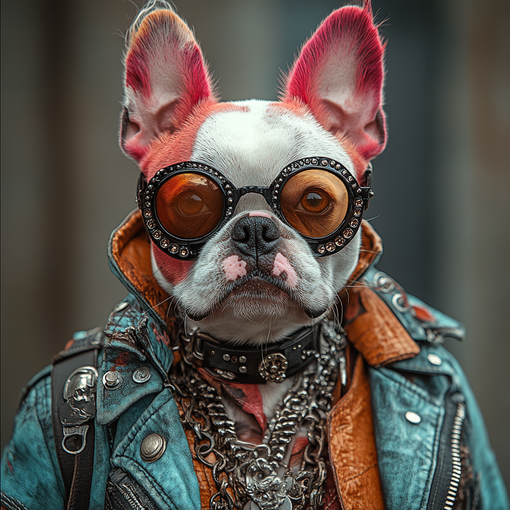 DESCRIBING: A square color photograph
DESCRIPTION: Toto, an anthropomorphized terror, has white fur, but it has been colored pink in various places, like around the edges of her ears. She is wearing rounded glasses, with thick and bejeweled frames, and a light-blue leather jacket. She is looking directly at the camera.