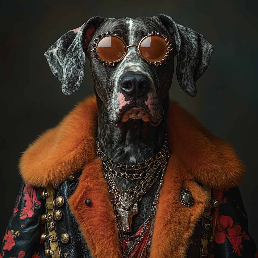 DESCRIBING: A square color photograph
DESCRIPTION: An anthropomorphized Great Dane, The Notorious D.O.G. faces the camera, but his eyes are not visible because of the heavy tint of his brown circular sunglasses. His fur is a mix of gray, white, and black. He is wearing a stylish orange coat with orange sheepskin on the collar and on the vest.