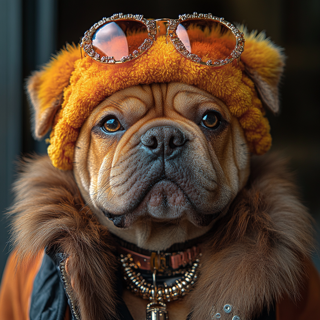 DESCRIBING: A square color photograph
DESCRIPTION: Crumstone Irma is a golden Sharpei, anthropomorphized, and shown from the shoulders up, wearing a broad orange headband that covers her forehead, allowing her ears to poke out over the top. Her sunglasses rest on top of the headband. She also is wearing an orange jacket with a faux fur collar. She is looking directly at the camera.