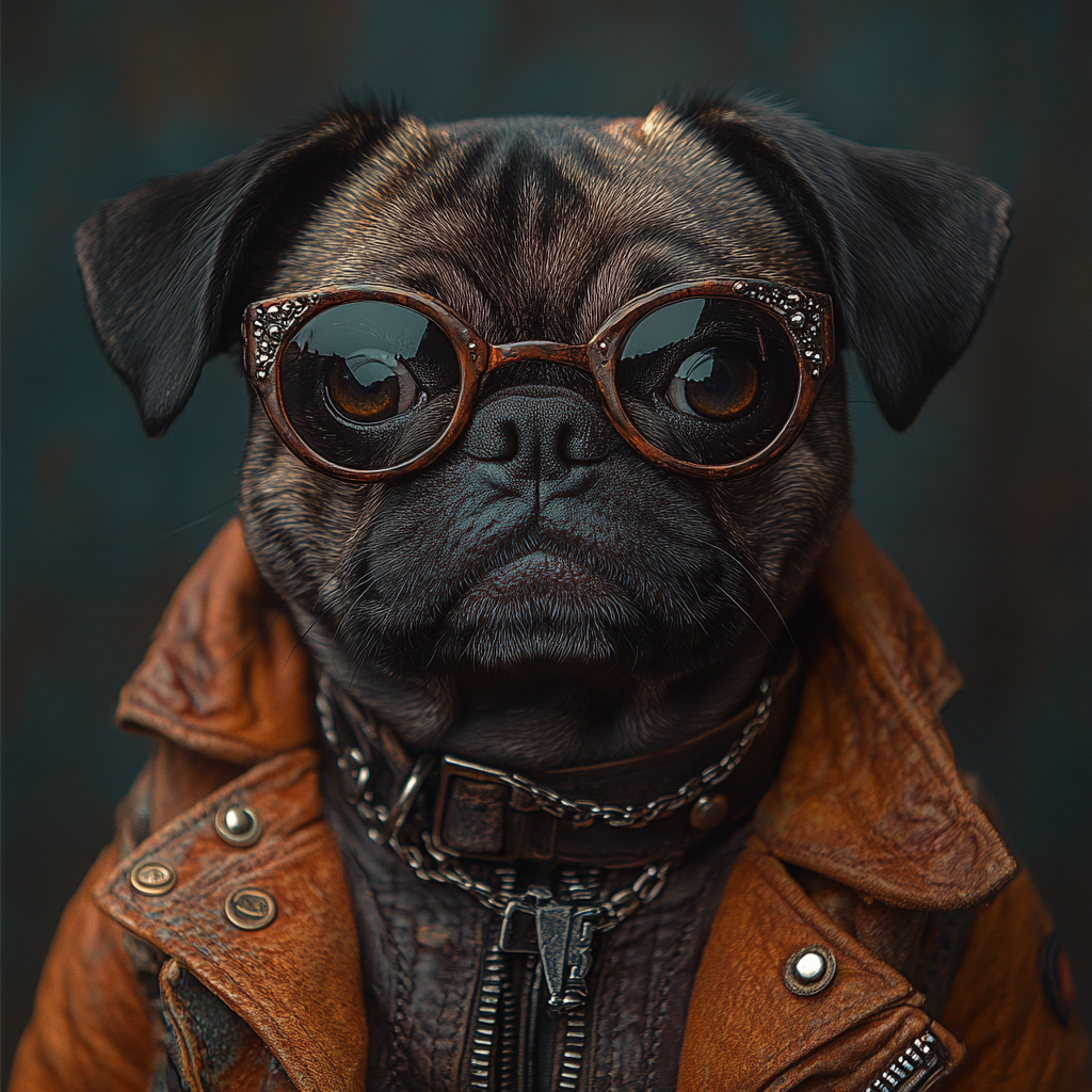 DESCRIBING: A square color photograph
DESCRIPTION: A brindle, anthropomorphized pug, Balto is facing the camera and shown from the shoulders up. He's wearing a stylish light-brown leather jacket with an upturned collar. He's also wearing shaded sunglasses. Like all good pugs, he has a furrowed brow that makes him look a bit worried all of the time.