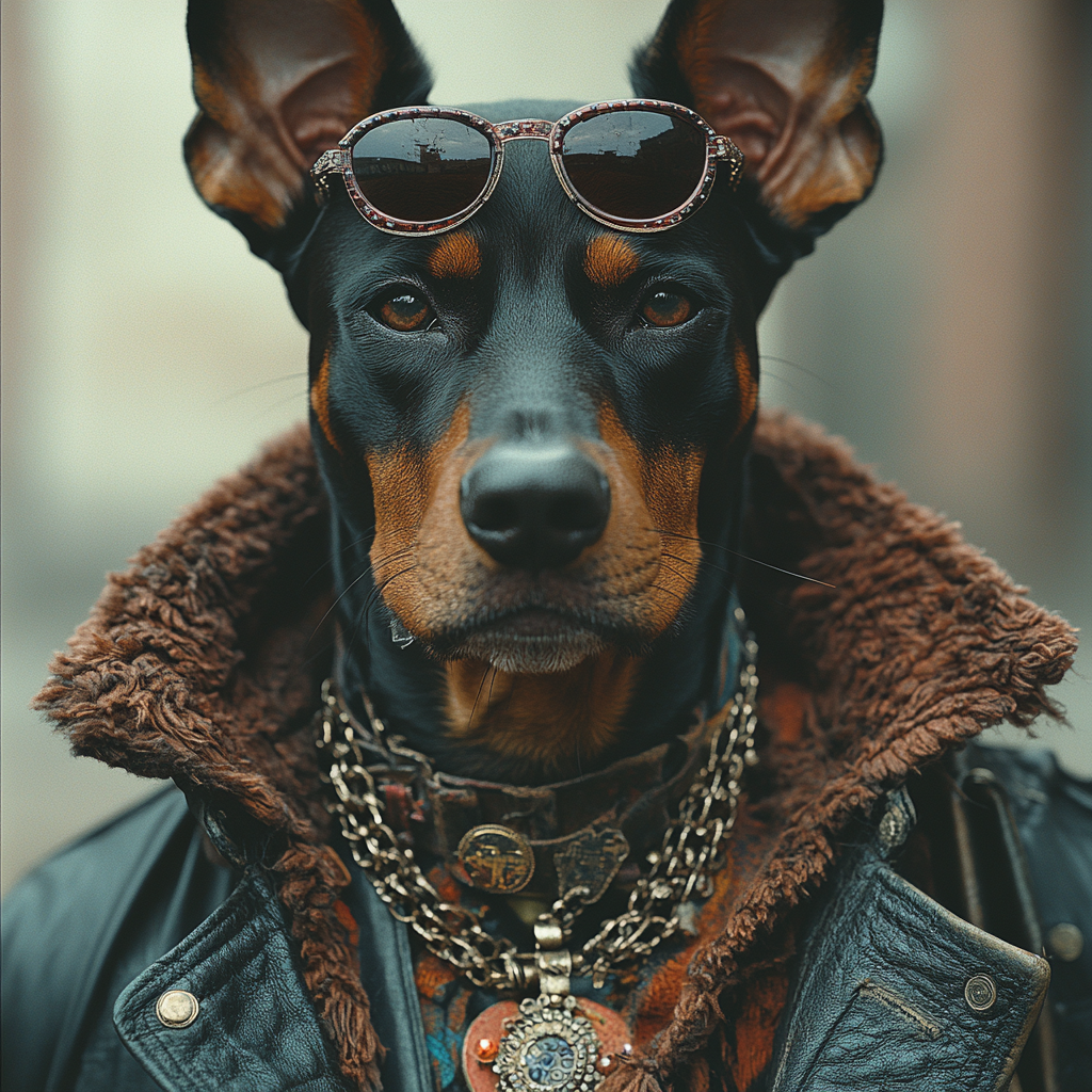 DESCRIBING: A square color photograph
DESCRIPTION: Peritas, an anthropomorphized Doberman, is looking straight at the camera in a tight close-up that shows just the top of his shoulders and the bottom third of his pointy ears. He is wearing a black leather jacket with the collar turned up. The collar is a brownish sheepskin on the inside. He also is wearing a thick silver necklace with a large medallion in the center as well as sunglasses propped up onto his forehead.