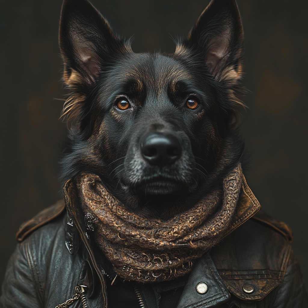 DESCRIBING: A square color photograph
DESCRIPTION: A mostly black anthropomorphized German Shepherd, Balto, is facing the camera and shown from the shoulders up. He's wearing a stylish black leather jacket and brown-specked scarf around his neck. His ears are fully upright and with the open part pointed at the camera, listening for any meaningful sound. His piercing brown eyes are looking directly at the viewer, too, showing that Balto is alert, serious, and ready for action.